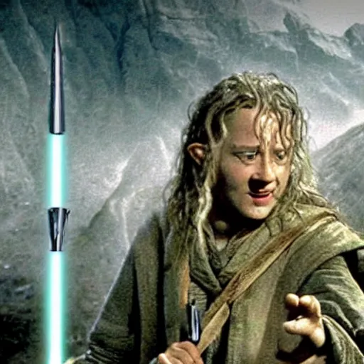 Image similar to A scene from Lord of the Rings, all characters have lightsabers, weta workshop, high quality, movie scene