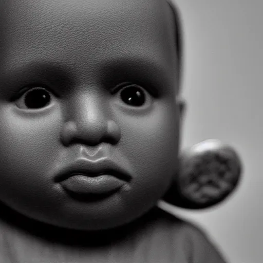 Image similar to Portrait studio photograph of baby Kanye West with a anthropomorphic teddy bear, close up, shallow depth of field, in the style of Felice Beato, Noir film still, 40mm