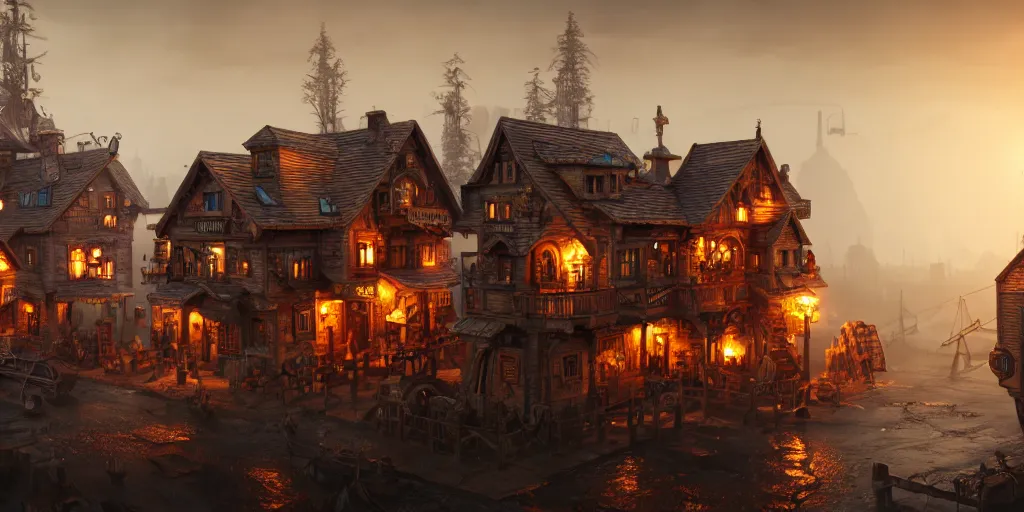 Image similar to a small steampunk wooden village, rich, cyborgs, dark aesthetic, soft colours, natural, steam, big clocks, concept art, octane render, unreal engine, in the style of luca guadagnino, highly detailed, high quality, artstation, digital art, 8 k hdr, cinematic, dramatic lighting, scenic, rich colour scheme