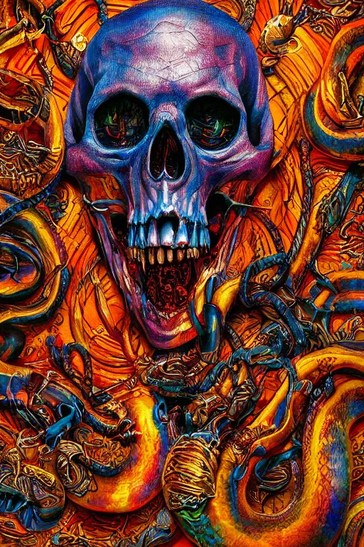 Image similar to 35 mm lens photo of scull lsd colors with snake tongue, direct sunlight, glowing, vivid, detailed painting, Houdini algorhitmic pattern, by Ross Tran, WLOP, artgerm and James Jean, masterpiece, award winning painting