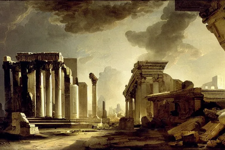Prompt: painting spaceship crashed into rome temple by hubert robert detailed