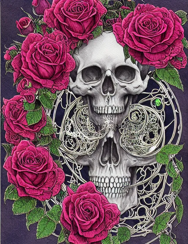 Prompt: portal to another dimension, surrounded by roses and electric circuitry, skull. art noveau watercolor by moebius and clamp, intricate details.