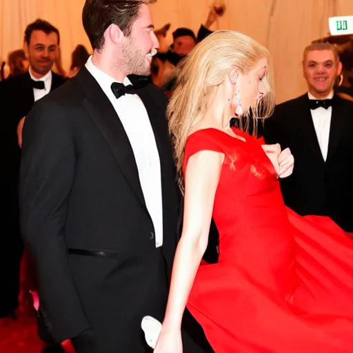 Image similar to a very handsome man in a suit dancing with a blonde woman in a red dress a the Met Gala