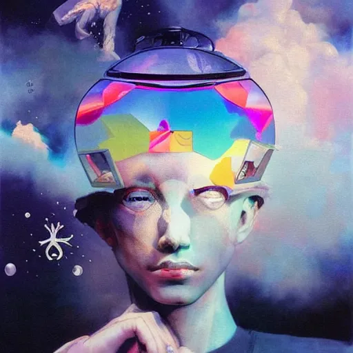 Prompt: surreal vaporwave painting, by yoshitaka amano, by ruan jia, by conrad roset, by kilian eng, by good smile company, incredibly detailed, of floating molecules and a mannequin artist holding an icosahedron with stars, clouds, and rainbows in the background, cgsociety, artstation, modular patterned mechanical costume and headpiece, vaporwave atmosphere