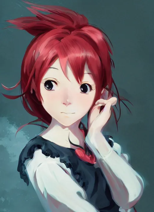 Prompt: anime girl with red hair wearing a maid dress, detailed character portrait, anime style, by makoto shinkai, by wenjun lin, by studio ghibli, gorgeous face, digital art, fanart