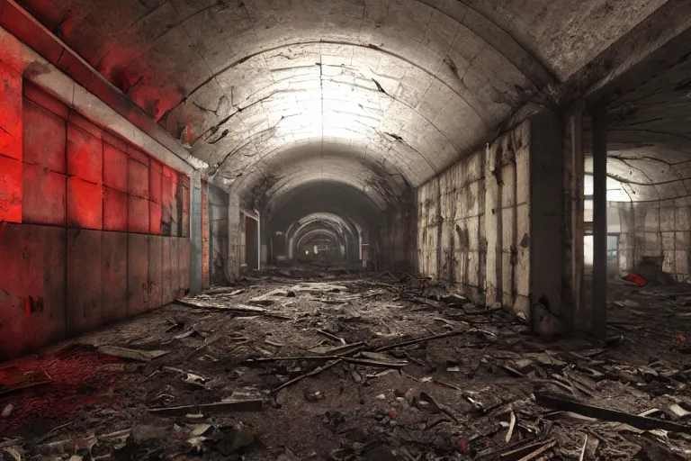 Image similar to ruined, abandoned, underground metro station. Pitch black darkness, red flares on the ground is the only light source. Smoke. Dirt and debris on ground. Unreal Engine. Substance painter. Zbrush. Trending on artstation. 8K. Horror. Resident evil. Highly detailed.