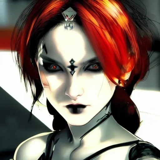 Image similar to beautiful pale - skinned goth girl with a red diamond on her forehead, yoji shinkawa