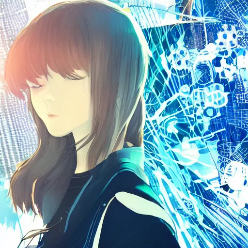 Image similar to Frequency indie album cover, luxury advertisement, blue filter, blue and black colors. Clean and detailed post-cyberpunk sci-fi close-up schoolgirl in asian city in style of cytus and deemo, blue flame, relaxing, calm and mysterious vibes, by Tsutomu Nihei, by Yoshitoshi ABe, by Ilya Kuvshinov, by Greg Tocchini, nier:automata, set in half-life 2, Matrix, GITS, Blade Runner, Neotokyo Source, Syndicate(2012), dynamic composition, beautiful with eerie vibes, very inspirational, very stylish, with gradients, surrealistic, dystopia, postapocalyptic vibes, depth of field, mist, rich cinematic atmosphere, perfect digital art, mystical journey in strange world, beautiful dramatic dark moody tones and studio lighting, shadows, bastion game, arthouse