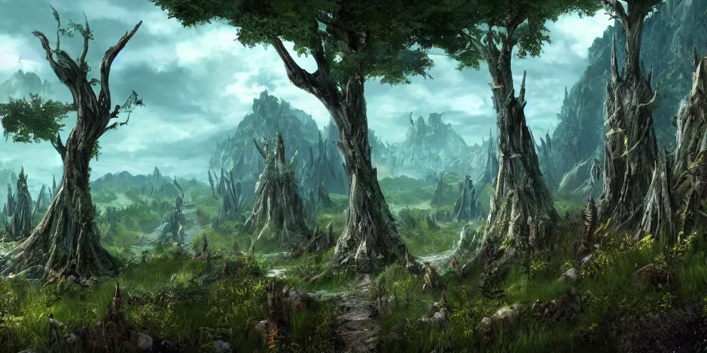 Image similar to Artwork in style of The Elder Scrolls Oblivion of the cinematic view of the Celestial Forest of Buried Enchantments.