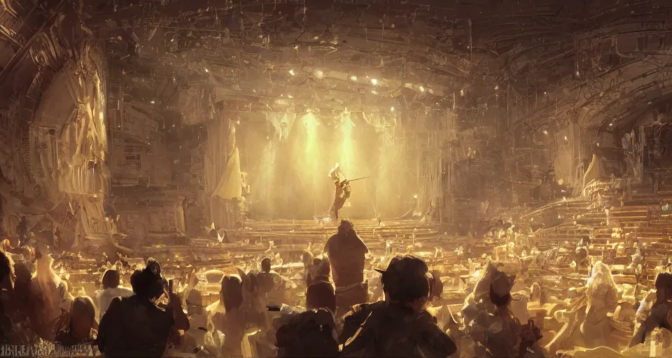 Prompt: craig mullins and ghibli digital art of inside the theater, on the stage, masked female violinists, exotic costumes, gold jewelry, black hair, solo performance hyper realism, realistic shading, cinematic composition, realistic render, octane render, detailed textures, photorealistic, wide shot