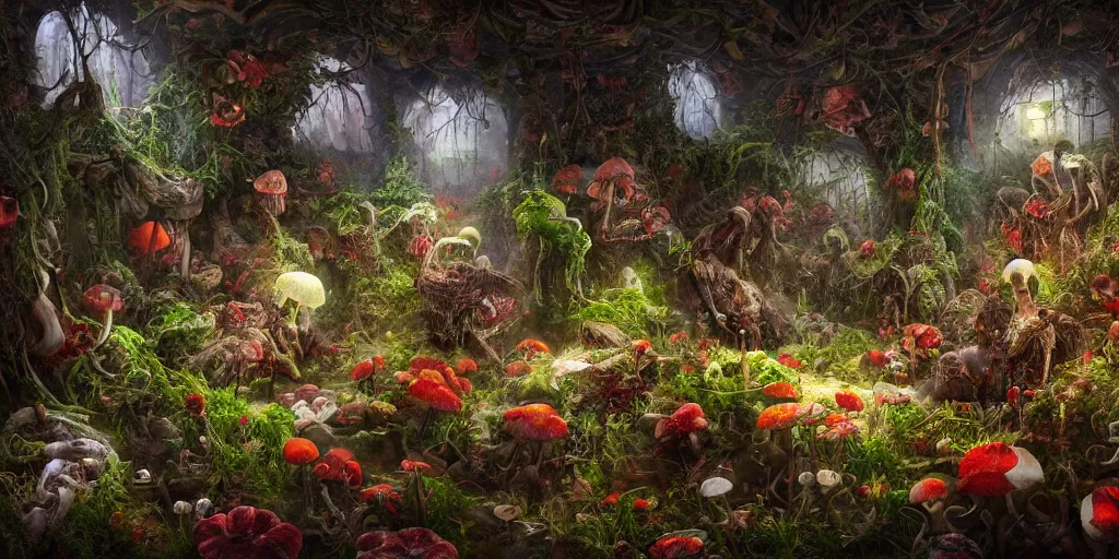 Prompt: 'Life from death' An aesthetic horror painting depicting 'A human slaughterhouse with plants and flowers and fungi growing inside it, birds and insects flying around' by DevianArt, Trending on cgsociety artstation, 8k, masterpiece, epic, award-winning, cinematic lighting, highly detailed, mushrooms, vibrant colors.