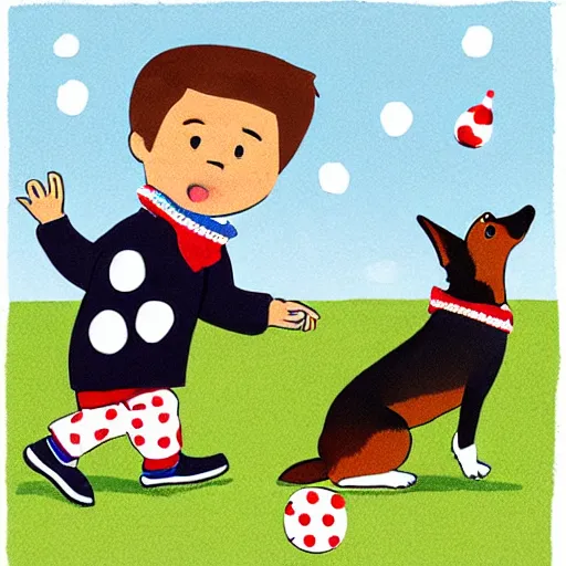 Image similar to illustration of french boy in paris playing football against a corgi, the dog is wearing a polka dot scarf