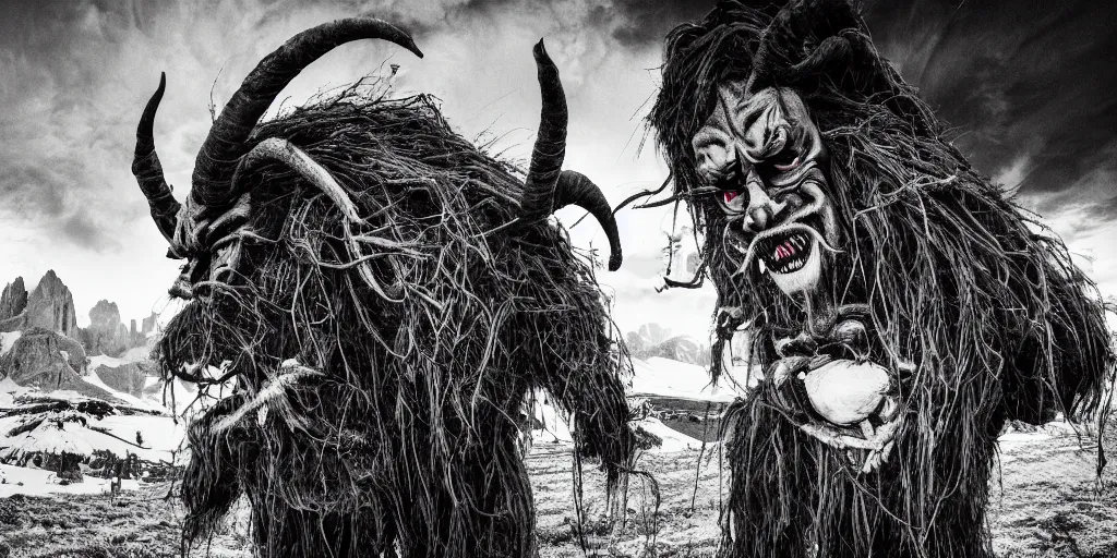 Prompt: historical sharp 4 k photograph of a tyrolean farmer turning into a krampus hay monster with goathorns and roots growing from his face, dolomites in the background, dark, eerie, grainy