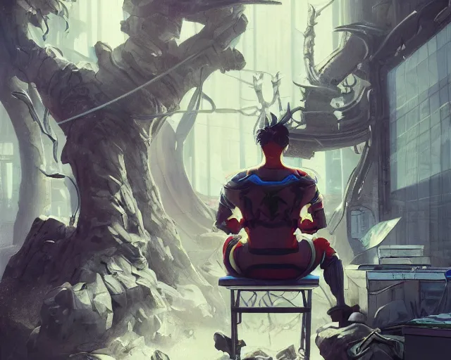 Image similar to an insanely detailed painting of a nerdy asian man wearing a superhero costume, sitting at a desk, staring at the nervously at the computer and typing, in the style of peter mohrbacher, dramatic lighting and composition, octane render, pixar, trending on artstation, concept art, comic book, view from behind