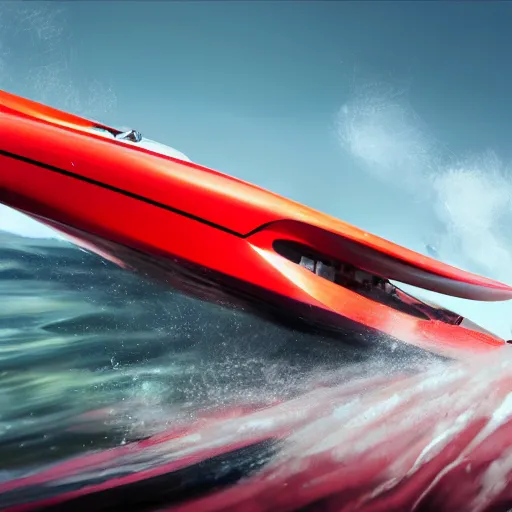 Image similar to concpet art featuring a futuristic red racing speedboat designed in the style of ferrari at golden gate park. bridge in background. fine detail. surf. this 4 k hd image is trending on artstation, featured on behance, well - rendered, extra crisp, features intricate detail, epic composition and the style of unreal engine.