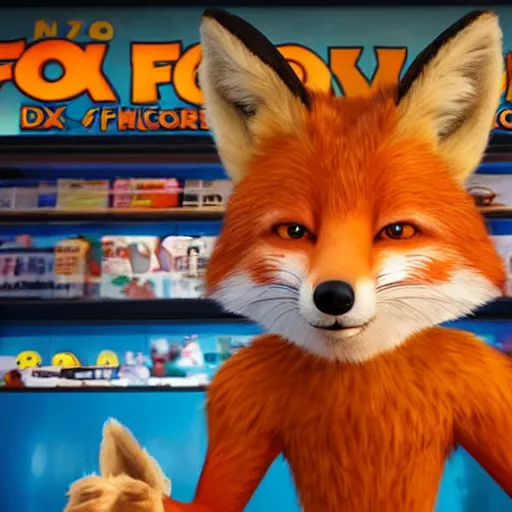 Prompt: animated 3D movie poster featuring an anthropomorphic fox wearing a casual outfit, a lot of fried chicken in the background, promotional media