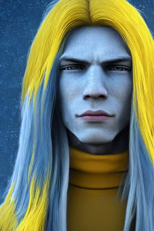 Image similar to a male teenager with long blue hair and yellow eyes wearing a winter overcoat, hyperrealistic, concept art, octane render, unreal engine 5, trending on artstation, high quality, 8 k, highly detailed, digital art, anatomically correct, symmetrical, realistic and defined face, high coherence, path traced, face portrait, yellow eyes, blue hair