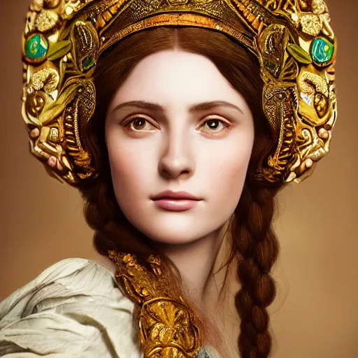 Image similar to kodak portra 4 0 0, 8 k, artstation, soft light, volumetric lighting, highly detailed, britt marling style 3 / 4 extreme close - up portrait photography of a beautiful woman pre - raphaelite, inspired by thandiwe muriu, royal woman wearing ornate art nouveau orchid headdress, realistic, refined, highly detailed