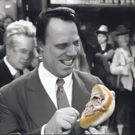 Image similar to an auctioneer gets excited seeing a priceless delicious hot dog, promotional photo, movie still, cinematic,