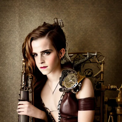 Image similar to emma watson, steampunk style, studio portrait photo, 50mm lens