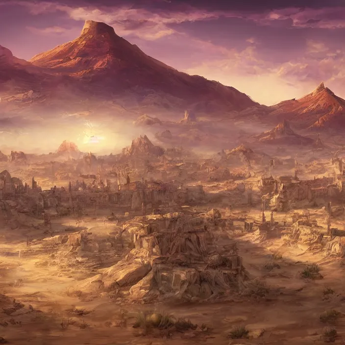 Prompt: large densely packed western town in the middle of a sandy flat desert with a single mountain on the very distant horizon. magic the gathering art, digital media