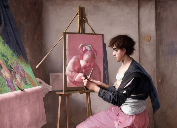 Image similar to a young painter in his studio painting a picture of a pink pokemon, by edgar maxence and caravaggio and michael whelan and delacroix style, artistic, intricate drawing, cinematic lighting, hyper realistic, extremely detailed, establishing shot, 8 k resolution, dramatic lighting