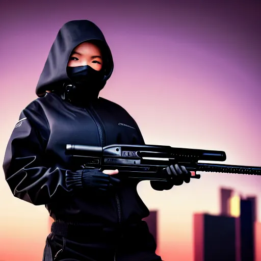 Image similar to photographic portrait of a techwear woman holding a shotgun, closeup, on the rooftop of a futuristic city at night, sigma 85mm f/1.4, 4k, depth of field, high resolution, full color, Die Hard, movies with guns, movie firearms