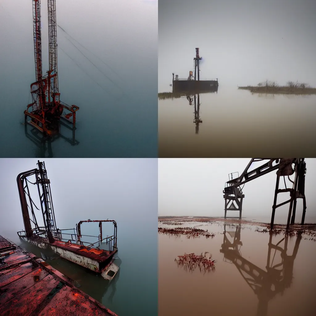Prompt: flooded abanded rusty oil rig partially submerged in dense fog
