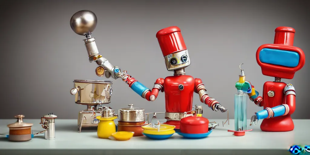 Image similar to closeup portrait of tin toy retro robot chef cooking pastry cake in a kitchen, mixing colourful chemicals flasks, depth of field, zeiss lens, detailed, centered, fashion photoshoot, by nicoletta ceccoli, mark ryden, lostfish, breathtaking, 8 k resolution, extremely detailed, beautiful, establishing shot, artistic, hyperrealistic, octane render