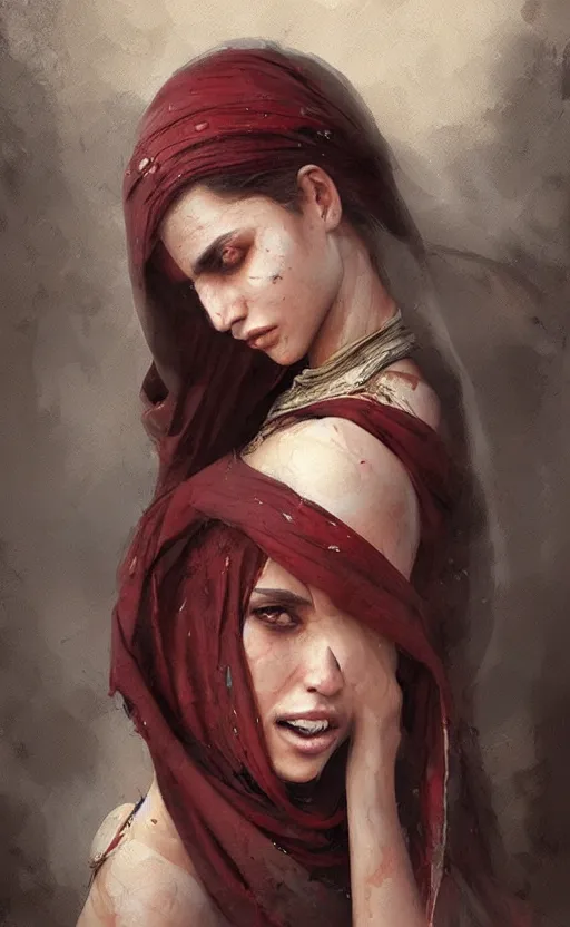 Image similar to The most beautiful arabian girl in the world crying blood ,digital art,ultra realistic,ultra detailed, ultra wide Lens, art by greg rutkowski