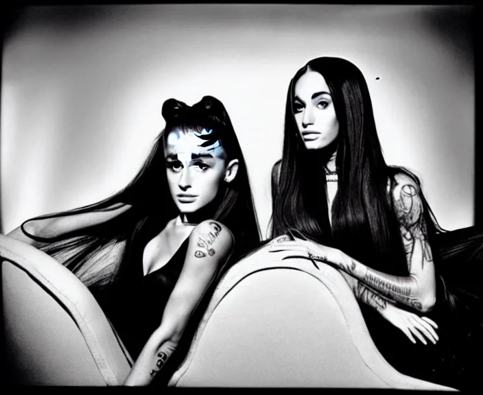 Image similar to award winning photo of Ariana Grande, Megan Fox sitting on a chesterfield lounge, symmetrical + beautiful eyes, wide shot by Sally Mann & Arnold Newman,