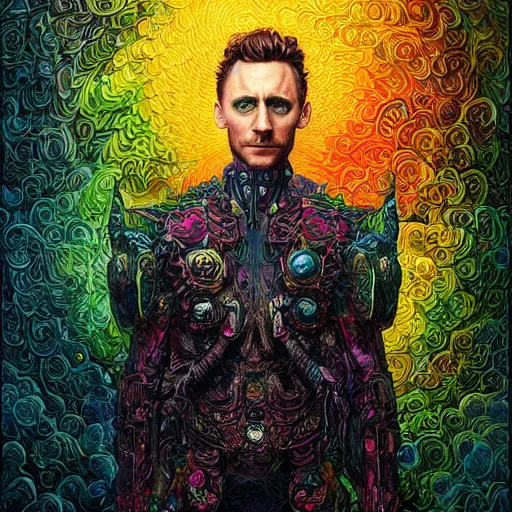 Image similar to portrait of tom hiddleston, hyper detailed masterpiece, neon floral pattern, jean giraud, digital art painting, darkwave goth aesthetic, psychedelic, artgerm, donato giancola and tom bagshaw