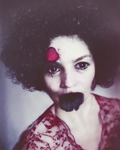 Image similar to an instant photo of a beautiful but sinister, smiling woman in layers of fear, with haunted eyes and curly hair, 1 9 7 0 s, seventies, delicate embellishments, a little blood, crimson, painterly, offset printing technique, mary jane ansell