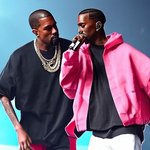 Image similar to A photo of Kanye West and Travis Scott performing live at Rolling Loud