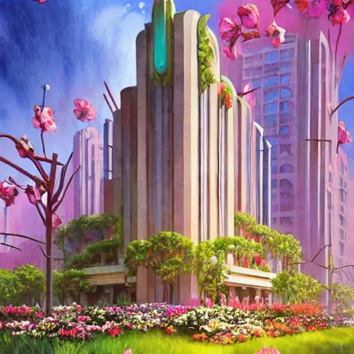 Prompt: a painting of an art deco building surrounded by flowers, a watercolor and matte painting by beeple and rhads and mark keathley, cgsociety, artdeco, dystopian art, retrofuturism, sci - fi, artstation hq