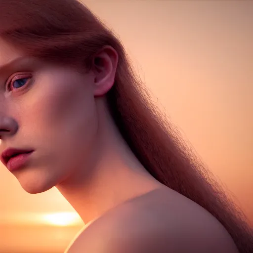 Image similar to photographic portrait of a stunningly beautiful english renaissance female in soft dreamy light at sunset, beside the river, soft focus, contemporary fashion shoot, in a denis villeneuve and tim burton movie, by edward robert hughes, annie leibovitz and steve mccurry, david lazar, jimmy nelsson, extremely detailed, breathtaking, hyperrealistic, perfect face, octane render