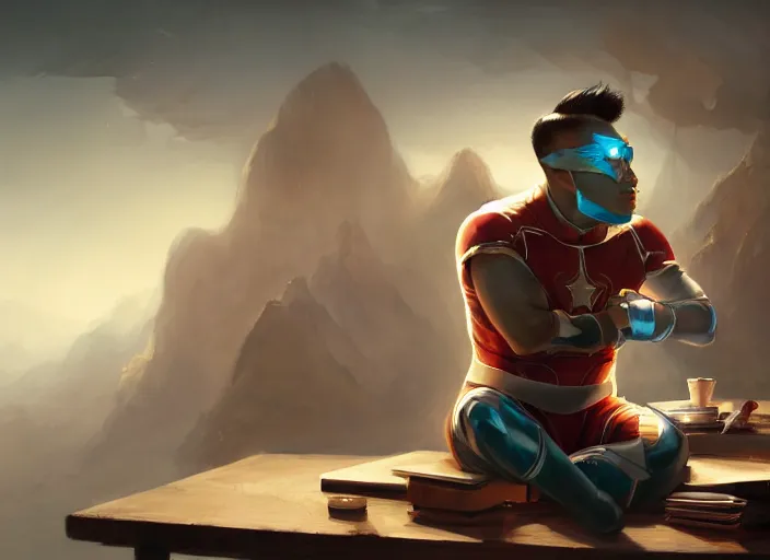 Image similar to an insanely detailed painting of an asian man wearing a homemade superhero costume, sitting at a desk, staring at the nervously at the computer and typing, in the style of peter mohrbacher, dramatic lighting and composition, surreal background, octane render, pixar, trending on artstation, concept art, comic book, view from behind