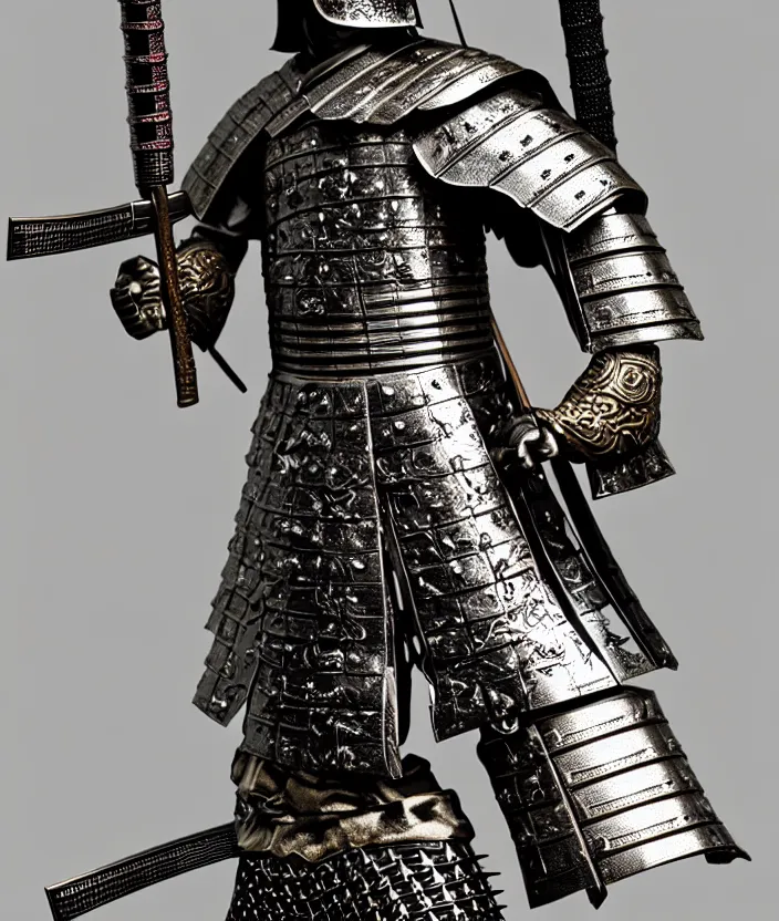 Prompt: detailed photorealistic ancient japanese samurai warrior soldier with traditional japanese engravings and ornamentation on armor and weapons, and shining metallic 3 d surfaces, japanese calligraphy, wide angle, 3 d
