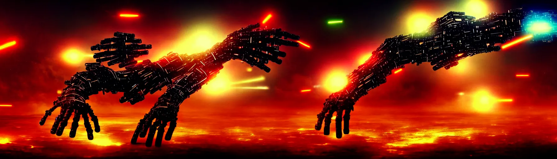 Image similar to apocalyptic ufo scene of cyborg arms with claws reaching out to try and catch fast moving ufos, in the style of blade runner, cyberpunk, laser, smoke, debris