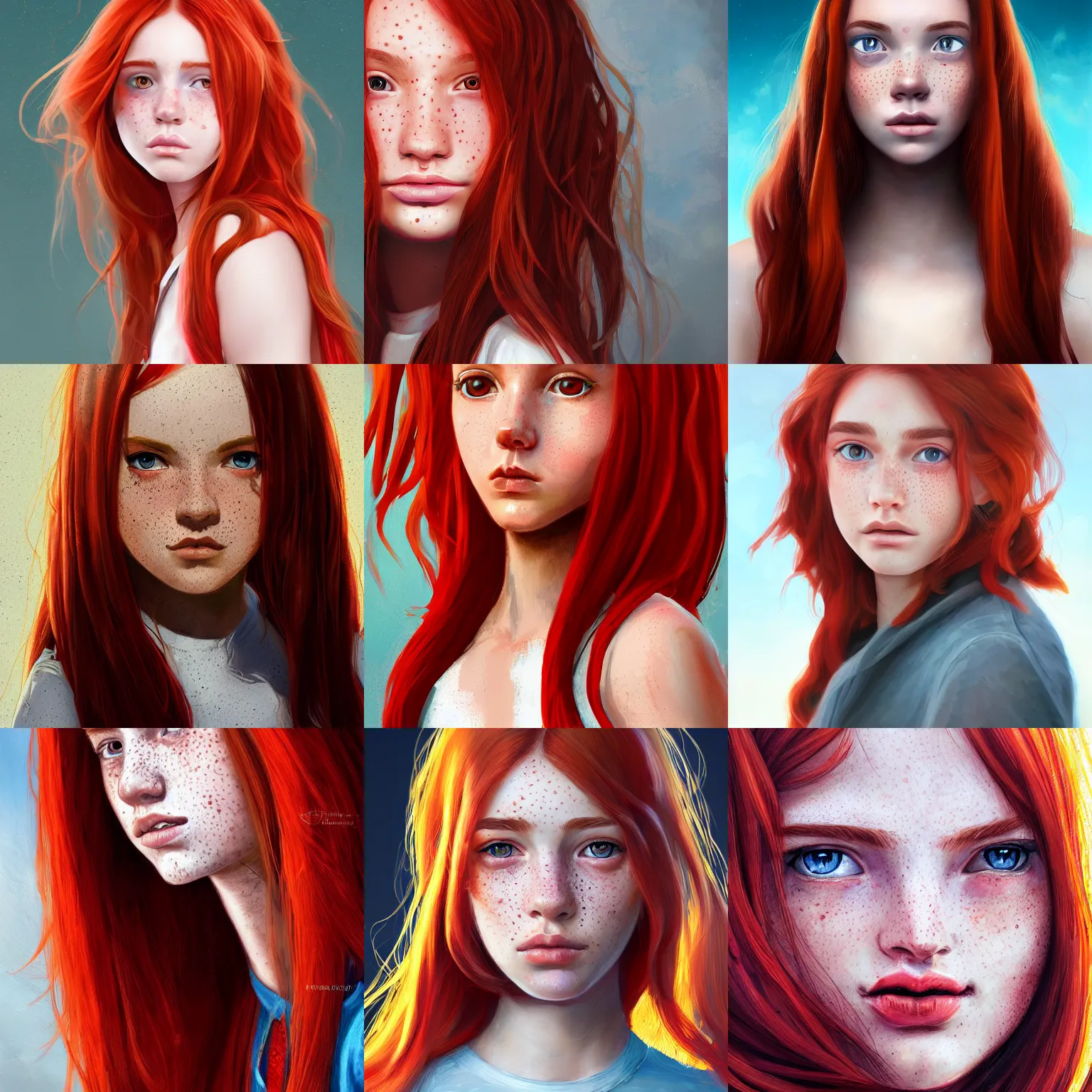 Image similar to portrait of a teen girl with freckles with long red hair and bright brown eyes, 8 k, highly detailed, digital painting, artstation, sharp focus, illustration