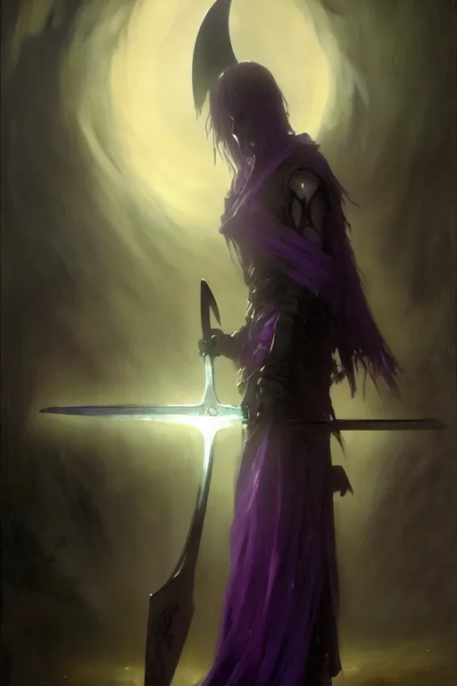 Prompt: grim reaper in a flowing dress, purple hair, holding a scythe, funeral, backlit, godrays, portrait dnd, painting by gaston bussiere, craig mullins, greg rutkowski, yoji shinkawa