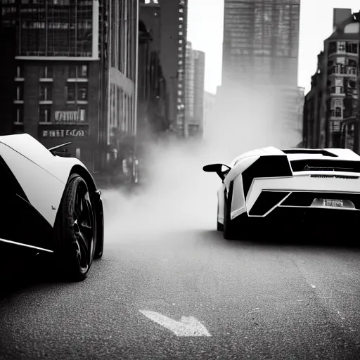 Image similar to black and white press photograph of a man in a suit pushing a lamborghini that is out of gas on a busy city street, sideview, detailed, natural light, mist, film grain, soft vignette, sigma 5 0 mm f / 1. 4 1 / 1 0 sec shutter, imax 7 0 mm footage