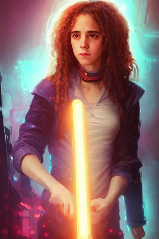 Prompt: portrait of Hermione Granger in cyberpunk, neon lighting, night city, digital art from artstation by Ruan Jia and Mandy Jurgens and Artgerm and william-adolphe bouguereau and Greg Rutkowski and Wayne Barlowe