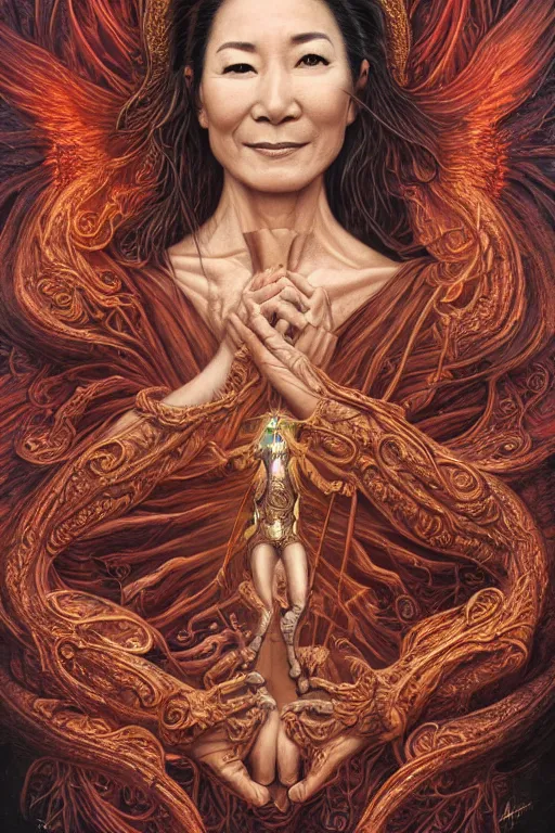 Image similar to A beautiful detailed tarot card of Michelle Yeoh, by tomasz alen kopera and Justin Gerard, symmetrical features, ominous, magical realism, texture, intricate, ornate, royally decorated, whirling smoke, embers, red adornements, red torn fabric, radiant colors, fantasy, trending on artstation, volumetric lighting, micro details, 3d sculpture, ray tracing, 8k, anaglyph effect