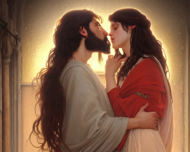 Image similar to photography of jesus kissing a sensual woman in jerusalem, deep focus,, intricate, elegant, highly detailed, digital painting, artstation, concept art, matte, sharp focus, illustration, art by artgerm and greg rutkowski and alphonse mucha