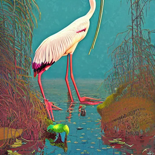 Image similar to realistic atlantic spring pond diamond stork chianti purse death metal album cover, by victo ngai and johfra bosschart and tom thomson, speedpainting, 2 d game art, postmodern