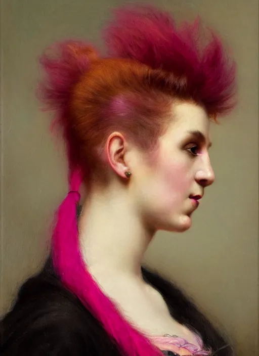 Prompt: a detailed portrait of woman with a mohawk by edouard bisson, pink hair, punk rock, oil painting, muted colours, soft lighting