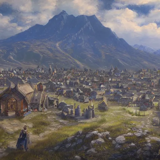 Image similar to the town of whiterun, oil painting