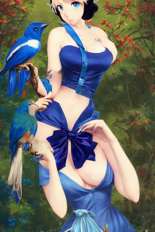 Image similar to anime pinup girl holding an indigo bunting, bird, the bird is wearing a bowtie, by greg rutkowski, rossdraws, gil elvgren, enoch bolles, anime, porcelain skin, very coherent