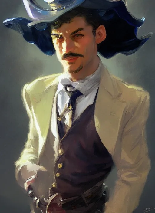 Prompt: fantasy art smug smile man, fancy flashy hat, colorful rich fantasy clothing, sharp fashion, slick hair, oil painting, hd, character portrait, artstation, n. c. wyeth, sargent, greg rutkowski, no beard, hq, white small hat, high angle,